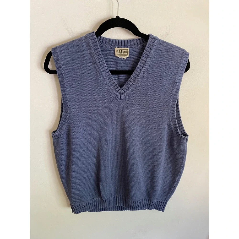 LL Bean Mens Blue V-Neck Knit Sweater Vest Solid Ribbed Trim Sleeveless Regular